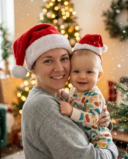 Mom and baby turned into an AI Christmas photo: Santa Hat & Snowflakes