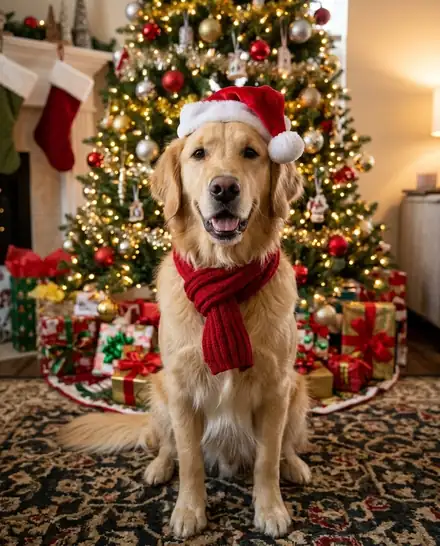 Golden retriever turned into an AI Christmas photo: Pet in Santa Costume