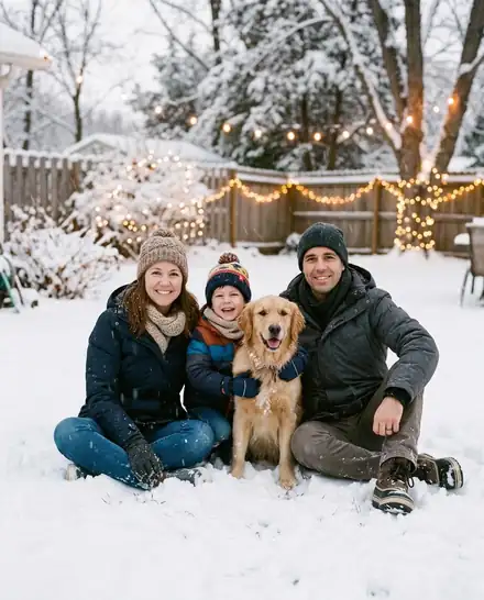 Family with a dog turned into an AI Christmas photo: Snowy Winter Wonderland