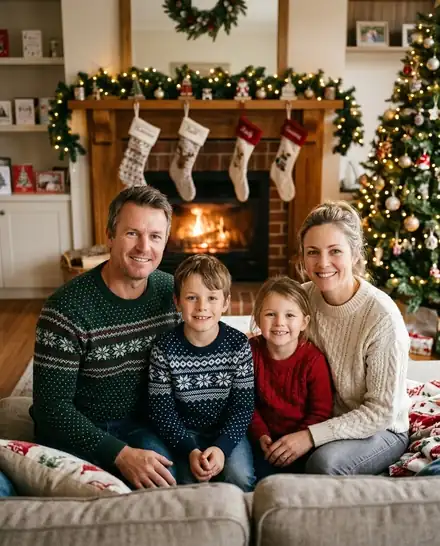 Family of four turned into an AI Christmas photo: Cozy Fireplace
