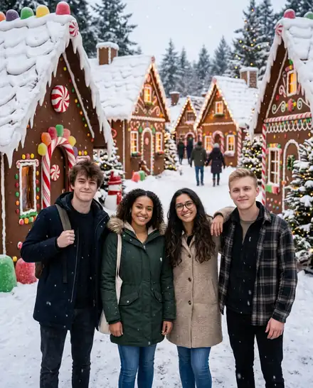 Four friends turned into an AI Christmas photo: Gingerbread Village